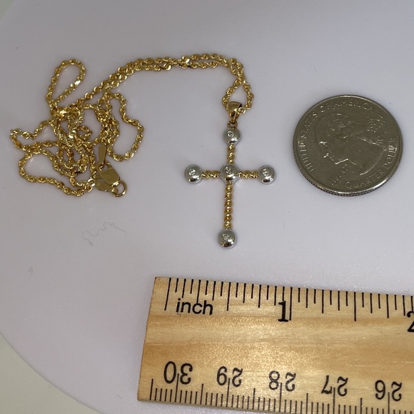 Real 14K Yellow Gold Natural Diamond Bezel Religious Cross Pendant Rope Necklace - Picture 8 of 17